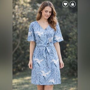 Superstition Blue Bird Print Dress • Tie Waist • Short Sleeve • Midi